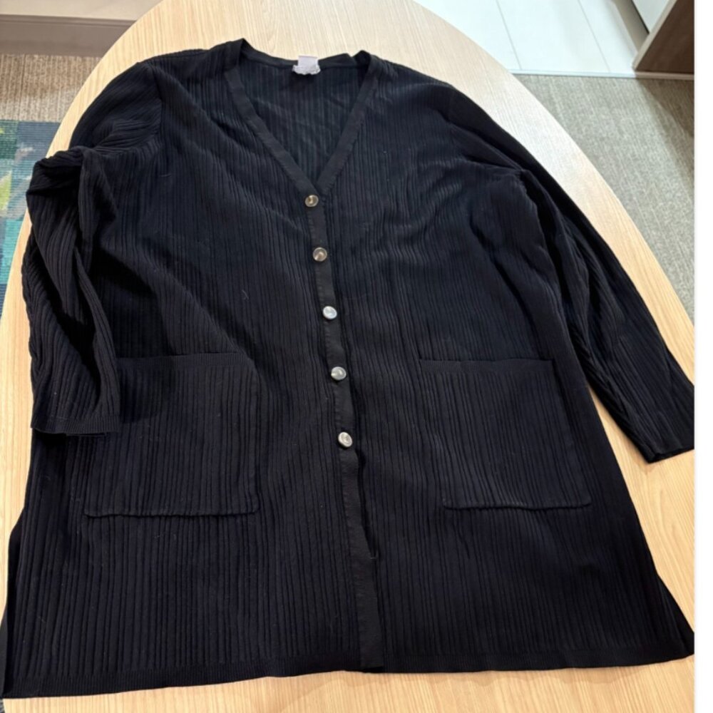 Chico's Cardigan Sweater Chicos Size 3 US Size XL Petite Black Ribbed Long Line